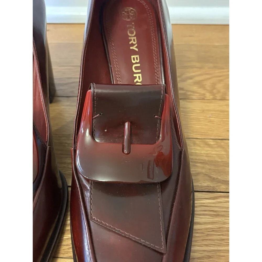Tory Burch Burgundy Buckle Loafers Curved Block Heels Wild Berry Leather 10 - Picture 5 of 16